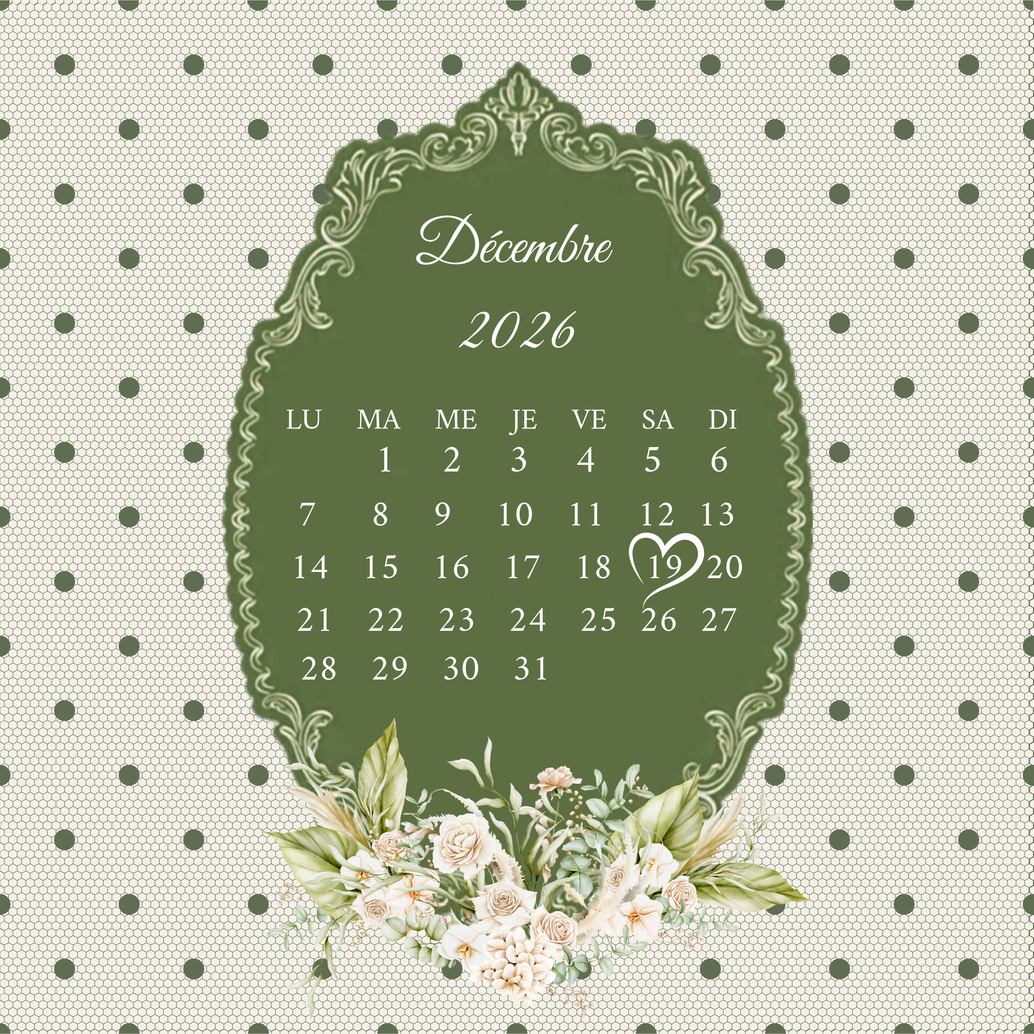 Calendrier Décembre 2026 — Samedi 19 Décembre 2026, date du mariage de Amani El Khatib et Noureddine Bonnouh